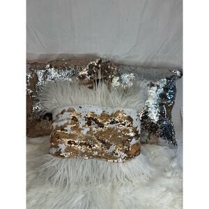 Sequin Throw Accent Pillow Bundle Gold Silver White Fur Set of 3 (18x18")